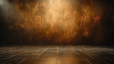 Vibrant shades of gold and brown blend with a textured backdrop, providing a captivating setting ideal for dance performances or theatrical displays. Light enhances the scene's enchanting qualities.の素材