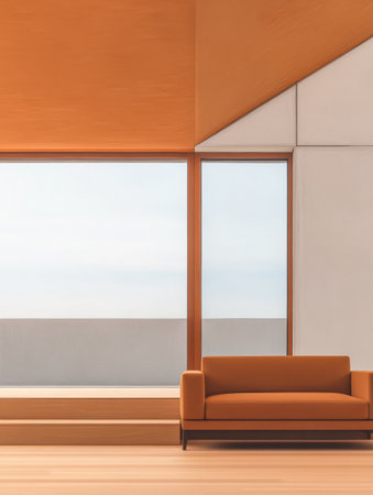 A bright, spacious interior features a minimalist design with an orange sofa placed near large windows. Natural light floods the room, highlighting the clean lines and warm tones.の素材