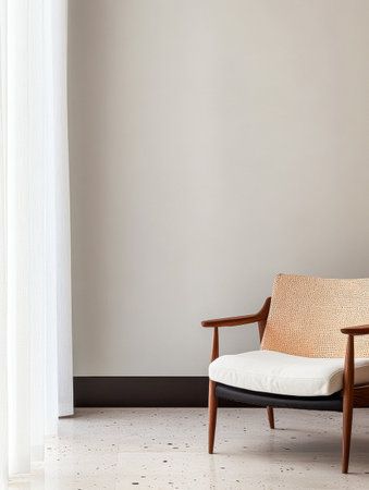 A stylish chair with a woven seat is adjacent to flowing sheer curtains in a contemporary space, illuminated by natural light during the day.の素材