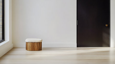 Sunlight streams through a large window illuminating a modern, airy room. A wooden stool with a soft top sits beside a sleek, dark door against a neutral wall.の素材