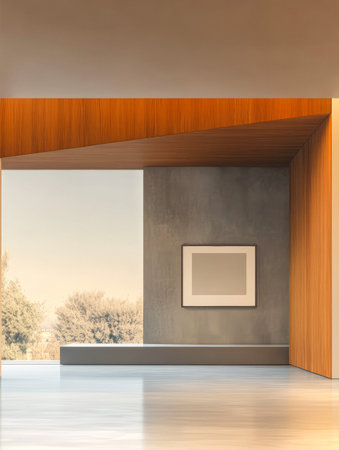 Spacious room features a blend of wood and concrete, showcasing minimal design and large windows letting in soft natural light. A simple framed artwork adds contrast to the decor.の素材