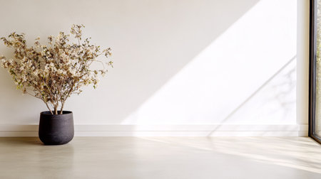 A stylish pot with blooming branches stands in a minimalist room illuminated by sunlight pouring through a large window, creating a tranquil atmosphere.の素材