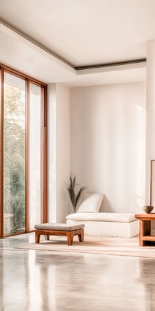 This serene living room features large windows that let in natural light. A comfortable chaise lounge and wooden furniture create a minimalist space, perfect for relaxation.の素材