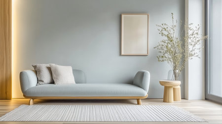 A spacious living room featuring a light gray sofa with plush cushions, a wooden side table, large windows, and a decorative vase with flowers in bright daylight.の素材