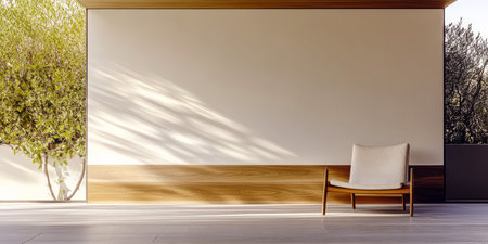 A serene interior space featuring a wooden accent wall and a lone chair. Soft natural light filters through, highlighting the simple design and lush greenery outside.の素材