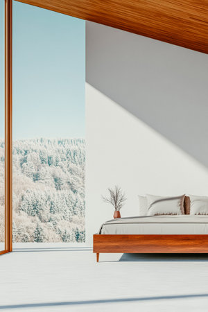 This tranquil bedroom features a large window showcasing a beautiful snowy forest backdrop. The minimalist design includes a wooden bed and simple decor that enhances the peaceful atmosphere.の素材