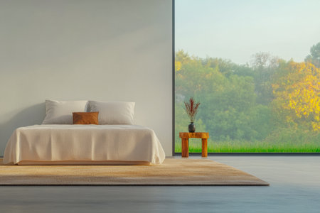 Soft morning light streams into a serene bedroom featuring a simple bed with a white duvet and a wooden table. Outside, vibrant trees create a calming backdrop.の素材