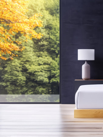 A minimalist bedroom features a large window with a view of colorful autumn trees. Natural light fills the room, creating a cozy and serene atmosphere perfect for relaxation.の素材