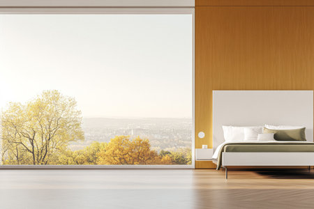 A modern bedroom features a spacious design with a large window showcasing vibrant autumn trees and a distant city skyline bathed in soft daylight. The setting offers tranquility.の素材