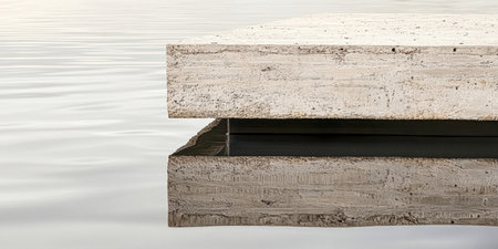 A contemporary platform made of textured concrete floats over calm water, reflecting its minimalistic beauty. The setting highlights serenity and architectural elegance in natural light.の素材
