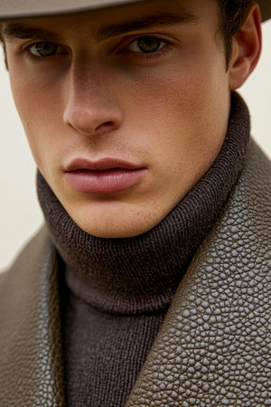 A young man showcases his fashion sense in a textured brown coat and turtleneck sweater, exuding elegance and confidence against a simple backdrop.の素材