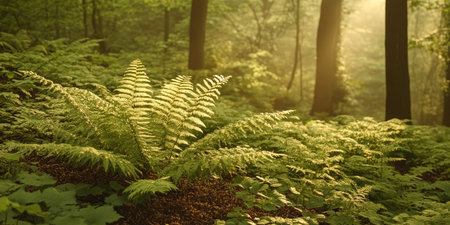 In a serene forest setting, lush green ferns bask in soft morning light filtering through the trees. The scene conveys a peaceful atmosphere of natural beauty.の素材