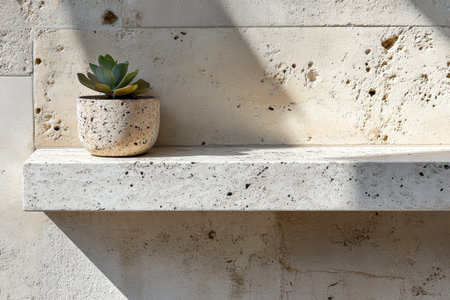 A potted succulent sits elegantly on a smooth stone shelf, illuminated by soft natural light against a textured wall. The scene embodies simplicity and tranquility.の素材