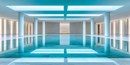 A spacious indoor setting showcases modern architecture with pillars and smooth surfaces. Calm blue water reflects the soft lighting, creating a serene atmosphere.の素材