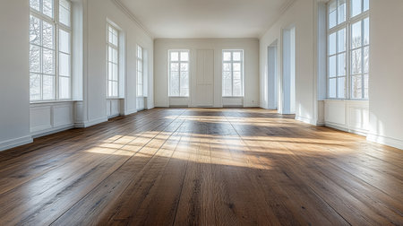 A bright and airy room features expansive windows that allow sunlight to fill the wooden floor. The walls are uncluttered, creating a serene atmosphere for relaxation or creativity.の素材