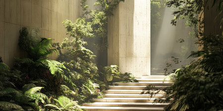 In a serene garden, sunlight filters through vibrant foliage illuminating stone steps. The atmosphere is peaceful, showcasing nature's beauty and calmness.の素材