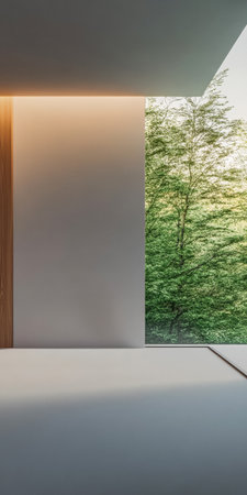 Bright and airy, the minimalist space features clean lines and neutral tones, with expansive windows allowing views of the vibrant green landscape outside.の素材