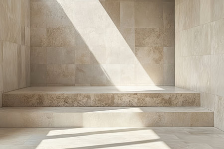 A stone staircase leads into a tranquil space filled with soft natural light. The minimalist design highlights the textures and features of the stone work, creating a calming atmosphere.の素材