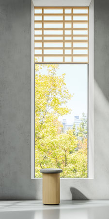 A minimalist space features a wooden stool placed near a large window. Sunlight streams through the window, illuminating lush green trees outside, creating a tranquil atmosphere.の素材