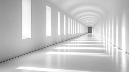 Bright corridor features sleek white walls and smooth flooring that reflects light. Sunlight streams through small windows, creating patterns on the surface.の素材
