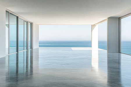 Bright open living space features polished concrete floors and large glass windows showcasing a breathtaking ocean view under a clear blue sky.の素材