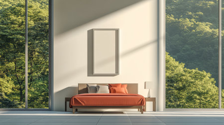 The bright space showcases a contemporary bedroom with a bed adorned in orange bedding. Large windows offer a stunning view of vibrant greenery, filling the room with natural light.の素材