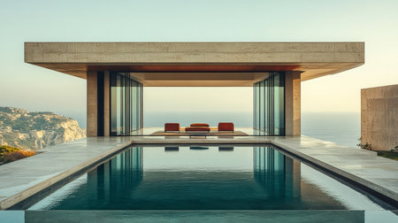 Luxurious villa designed with minimalist architecture overlooks the ocean. An inviting infinity pool reflects the golden glow of sunset along the serene coastline.の素材