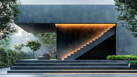 Contemporary building structure showcases a striking staircase with ambient lighting. Surrounded by greenery, the scene captures tranquility and elegance during the day.の素材