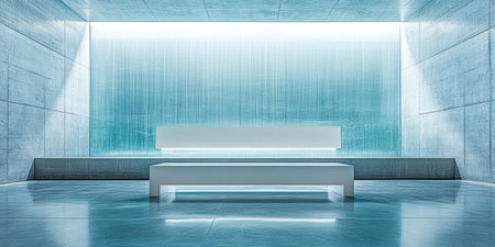 A spacious and minimalist interior features a sleek white bench near a large, illuminated wall. Soft light enhances the calm atmosphere, creating a peaceful setting.の素材