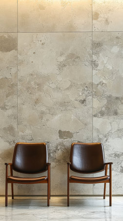 Two stylish brown wooden chairs are positioned symmetrically against a smooth, textured stone wall, creating a minimalist and inviting space perfect for relaxation and conversation.の素材