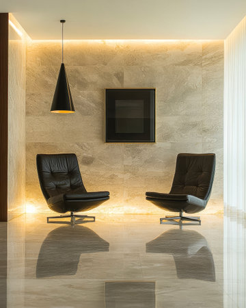 Two contemporary black lounge chairs are positioned on a glossy floor, illuminated by soft lighting in a modern, minimalist space. A framed artwork hangs on the wall.の素材