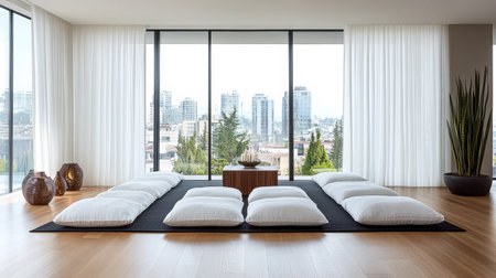 A tranquil space featuring large floor cushions arranged on a black mat. Natural light pours in through large windows, showcasing a city skyline surrounded by greenery.の素材