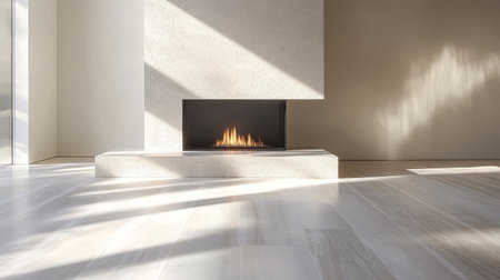 A beautifully designed room showcases a minimalist fireplace with a clean stone finish. Soft sunlight streams in, highlighting the sleek flooring and airy atmosphere.の素材