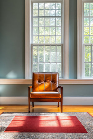 A well-lit sitting area showcases a stylish brown armchair placed on a soft red rug. Sunlight streams through large windows, creating a warm and inviting atmosphere.の素材