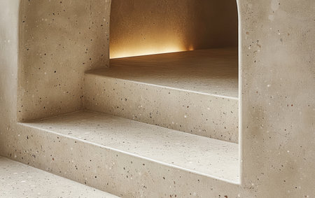 A sleek stairway showcases a minimalist design with smooth and textured surfaces. Soft lighting illuminates the steps, creating a calm and inviting atmosphere in the modern interior.の素材