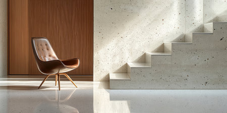 A sleek chair is placed beside a minimalist staircase in a contemporary interior setting. Natural light enhances the clean lines and textures of the design elements.の素材