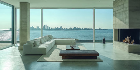 Spacious living area features minimalist decor with a white sofa and wooden coffee table, showcasing a stunning view of the city skyline over calm waters at dawn.の素材