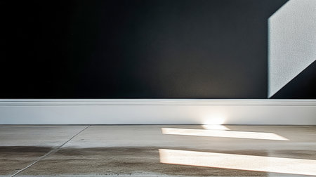 Sunlight casts intriguing shadows on a contemporary black wall, highlighting the clean lines of the architectural features and the smooth floor texture in a minimalist space.の素材