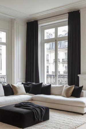 A modern living room features a white sectional sofa adorned with black and beige cushions. Large windows allow natural light to fill the space, showcasing a view of the city balcony.の素材