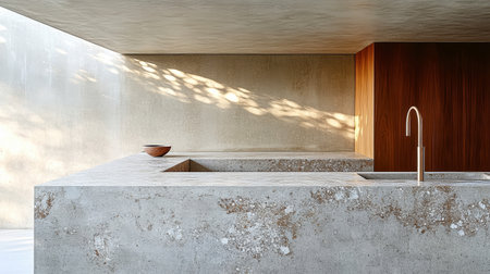 A contemporary kitchen showcases smooth concrete countertops with a minimalist sink. Warm wooden walls complement the design, and natural light filters in, creating a serene atmosphere.の素材