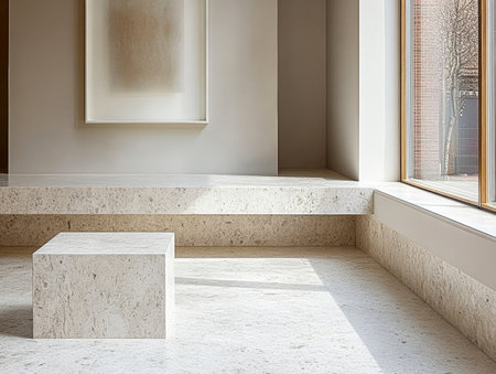 A contemporary interior space highlights a stone bench and a square coffee table near large windows, allowing natural light to illuminate the area. Warm tones create a tranquil atmosphere.の素材