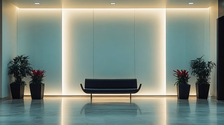 A spacious lobby features sleek furniture and vibrant plants, creating an inviting atmosphere. Subtle ambient lighting enhances the modern aesthetic, ideal for relaxation or meetings.の素材