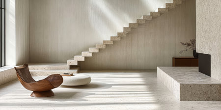 Elegant living space features a sculptural wooden chair, a round ottoman, and a minimalist staircase. Sunlight streams through large windows, highlighting the stylish materials and textures.の素材