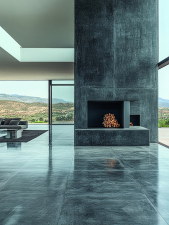 A sleek living room features polished concrete flooring, large windows providing mountain views, and a stylish fireplace accentuating the modern aesthetic.の素材