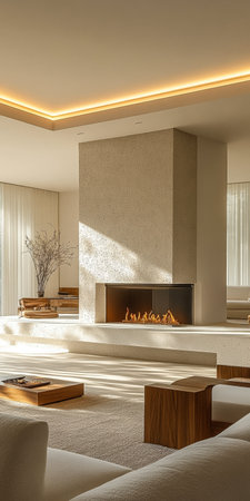 A modern living space features a sleek fireplace as the focal point, surrounded by minimalistic furniture. Soft sunlight streams in through large windows, creating a warm atmosphere.の素材