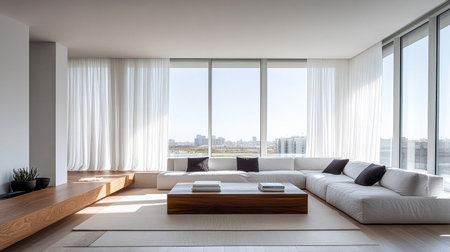 Bright and spacious living room features a sectional sofa and a wooden coffee table. Large windows allow natural light and showcase a city skyline in the background.の素材