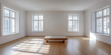 A large, uncluttered room features multiple windows allowing ample sunlight. The wooden floor complements a simple coffee table at the center, creating a serene atmosphere.の素材