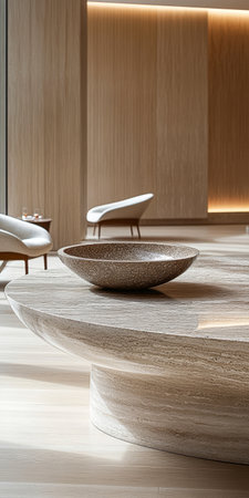 Sleek modern furniture complements a beautifully crafted bowl on a large circular table, showcasing minimalism in an airy, contemporary setting.の素材