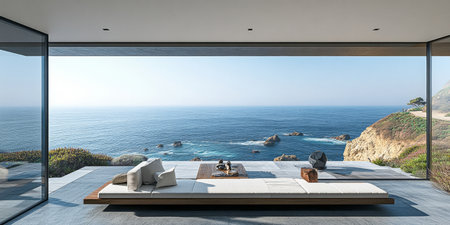 A sleek and minimalist living room features a large open window revealing a breathtaking view of the ocean and rocky coastline. The sunlight floods the space, enhancing its tranquil atmosphere.の素材