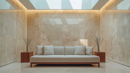 Bright and airy living room featuring a spacious, light-colored sofa with plush cushions. The minimalist design includes wooden side tables and soft natural light streaming from the skylights.の素材